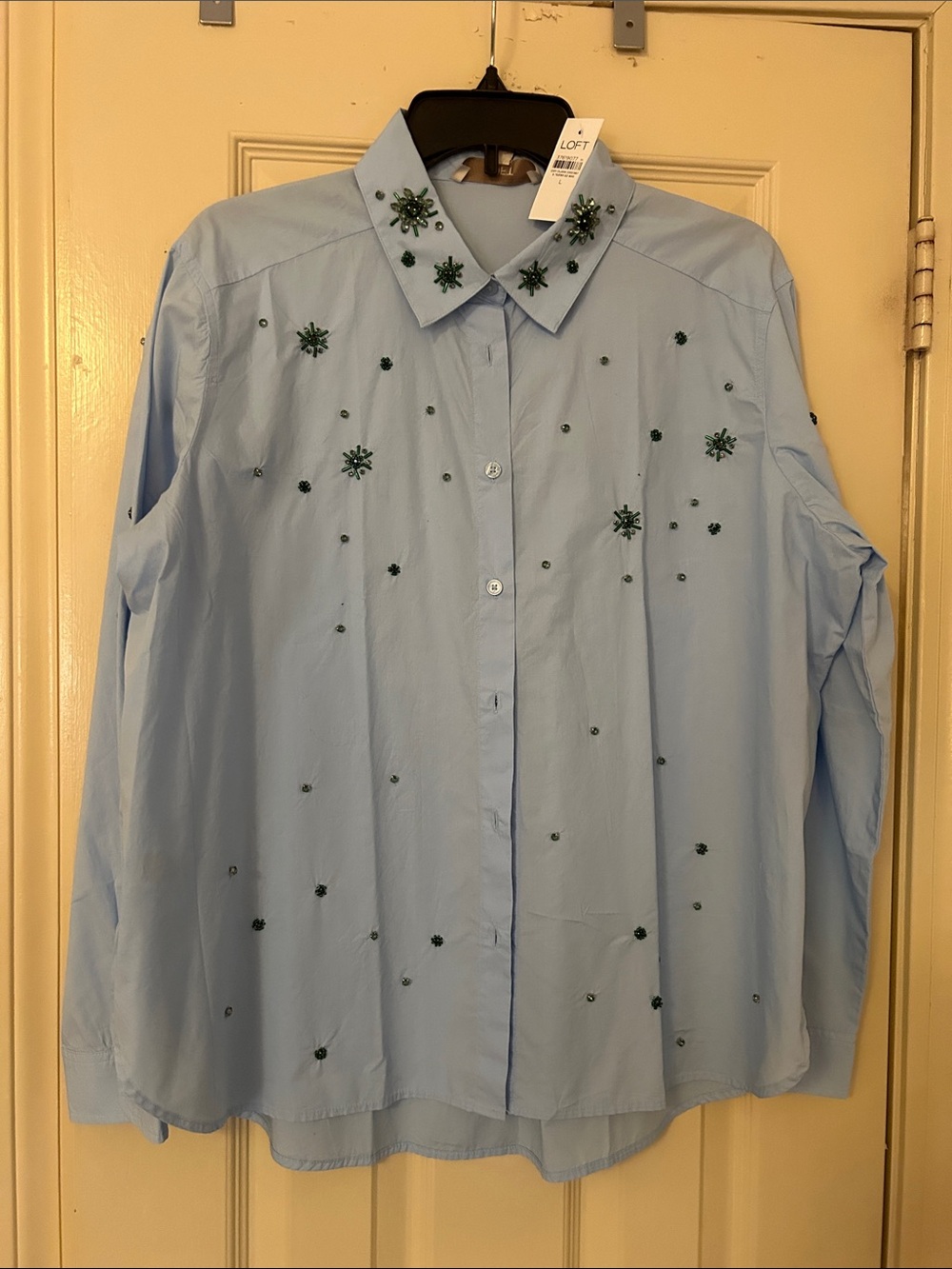 LOFT Light Blue Beaded Floral Collar Button-Up Shirt